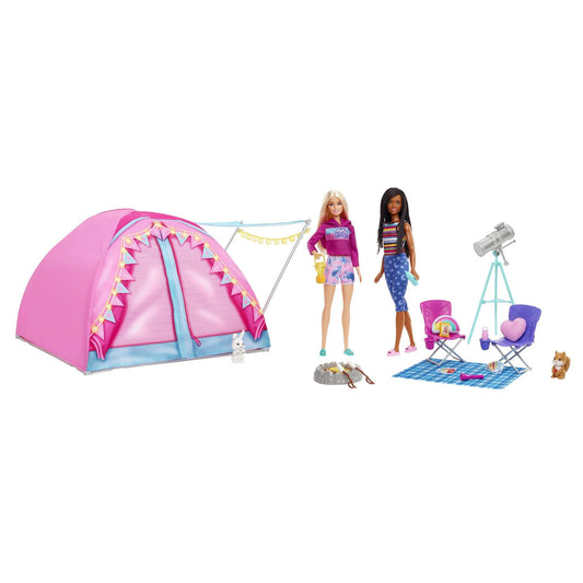 Barbie Adventure Camping Playset with tent, 2 Barbie dolls, camping accessories, and animals. Gift for kids ages 3 and up.