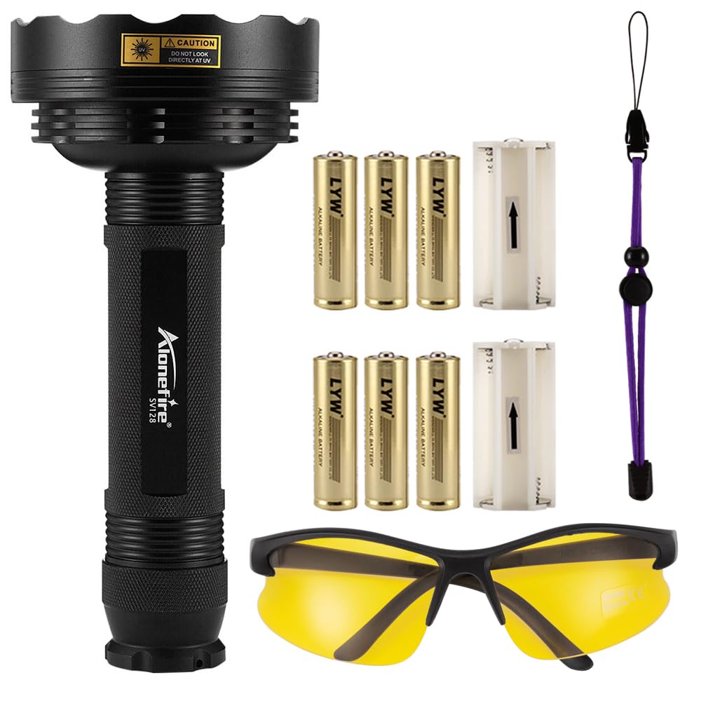Alonefire SV128 395nm UV flashlight 128 LED blacklight flashlight for scorpion, pet urine detector, dry stain, carpet, floor with UV-protection glasses, 6 x AA batteries included.