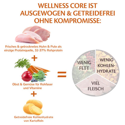 Wellness CORE Senior Original, Turkey & Chicken, 10 kg, dry dog food for aging dogs 7 years+, no added sugar, grain-free, high in meat content.