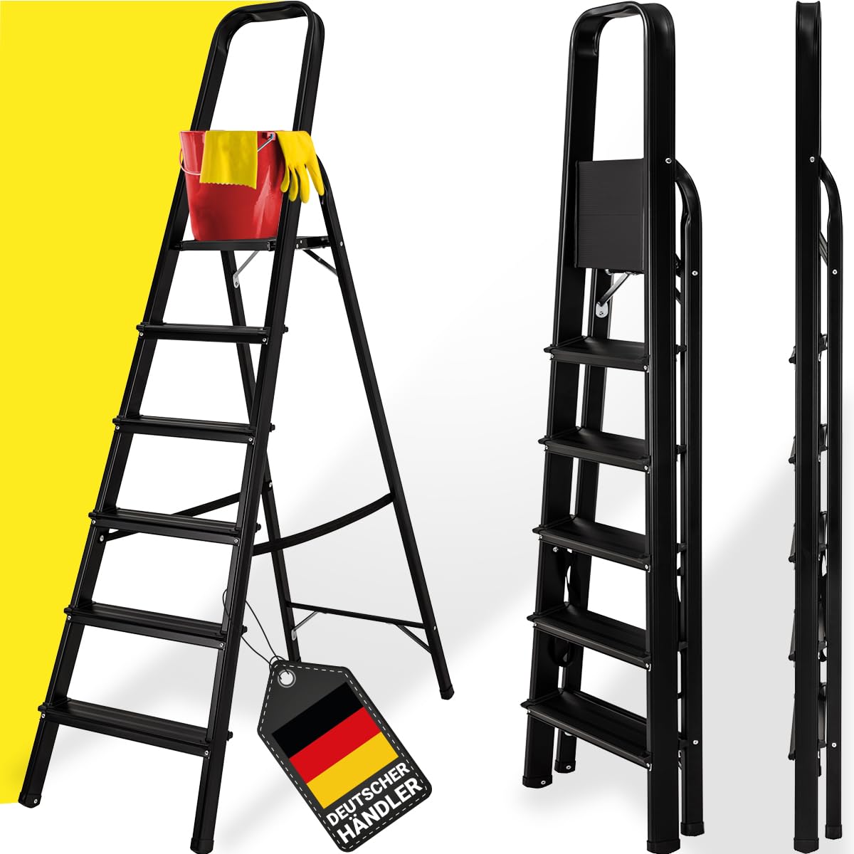 CRAFTFULL Step ladder CF-133A | 3-STEP VARIANT - 2-6 step ladder - Folding step stool - Stair ladder - Folding ladder - Household ladder - Standing ladder (6 steps Black Edition)