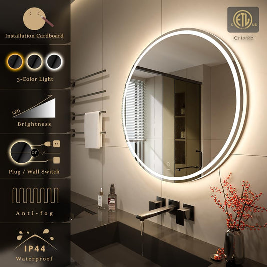 KWW 80cm LED Round Bathroom Vanity Mirror, Adjustable Color Temperature, Anti-Fog Dimmable Lights, Wall Mounted Makeup Mirror with Smart Touch Button