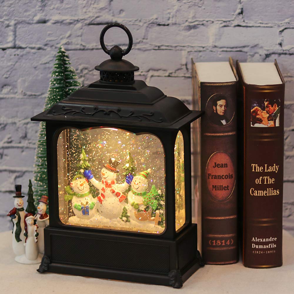 Eldnacele Music Snow Globe Lantern with Timer, illuminated, USB/battery operated, swirling water, glitter light, Christmas snow globe lantern for adults and kids.