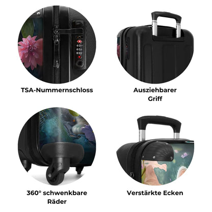 NoBoringSuitcases.com® Kids' suitcase for girls with cute illustrations of kittens, flowers, and forest. Compact hand luggage trolley measuring 55x40x20 cm.