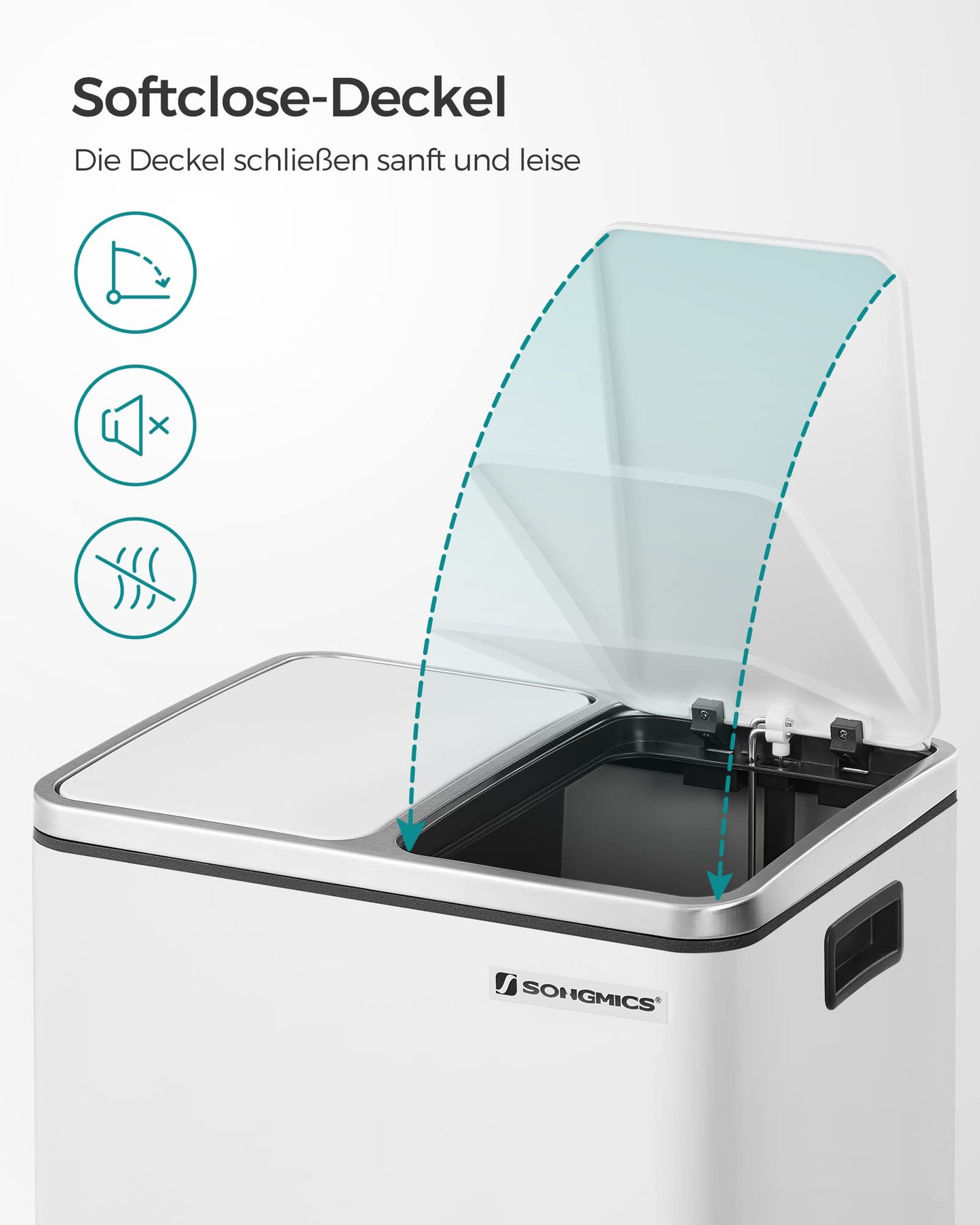 SONGMICS Kitchen Trash Cans, 2 x 15 liters, Waste Separation System 2 compartments, including 15 garbage bags, Trash can, Pedal bin, recyclable waste, organic waste, Soft-close lid, cloud white LTB30WT