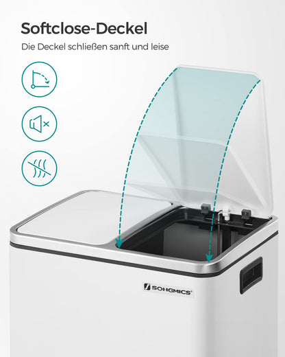 SONGMICS Kitchen Trash Cans, 2 x 15 liters, Waste Separation System 2 compartments, including 15 garbage bags, Trash can, Pedal bin, recyclable waste, organic waste, Soft-close lid, cloud white LTB30WT