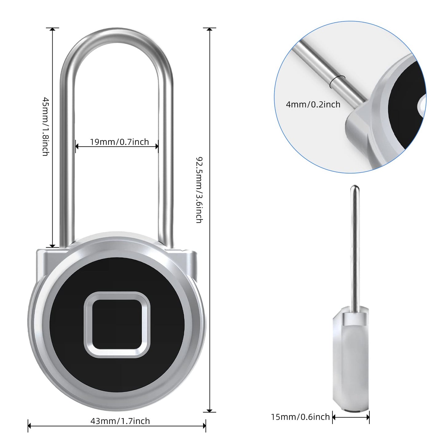 Fingerprint lock, Eseesmart Lock Shackle Long-45mm, Fingerprint & Bluetooth padlock, Waterproof, USB charging for gym, school, employee lockers, luggage