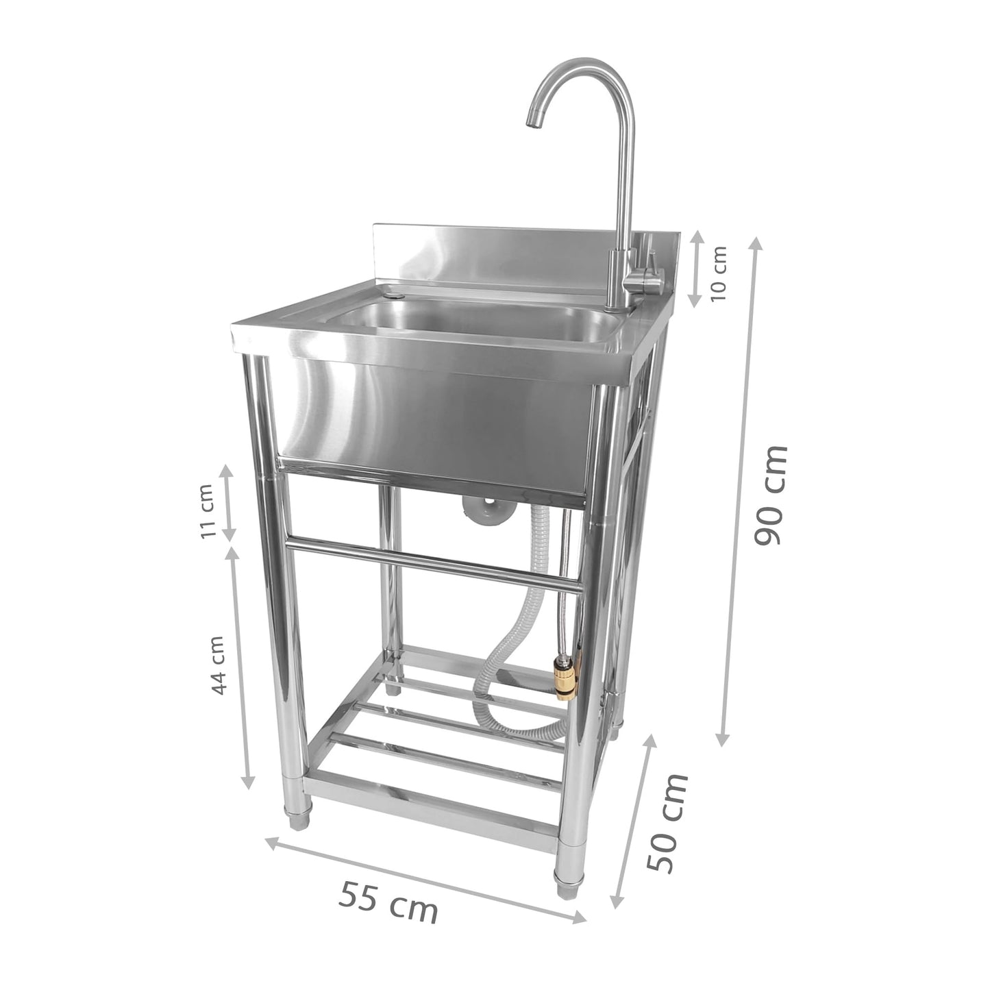 Lemodo freestanding sink - stainless steel sink with faucet, garden hose connection, mobile sink for outdoor kitchen, catering and camping, freestanding kitchen sink with shelf