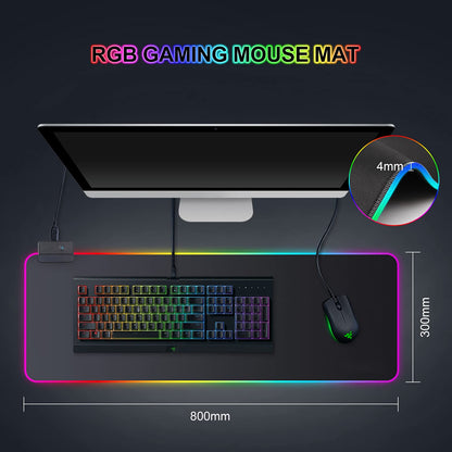 RGB gaming mouse pad 800x300mm XXL gaming mouse pad large with 14 lighting modes 7 LED colors waterproof anti-slip for computer PC professional gamers, black