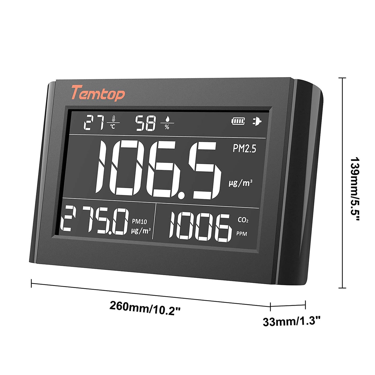 Temtop Air Quality Monitor Indoor Air Quality Detector for CO2 PM2.5 PM10, P1000