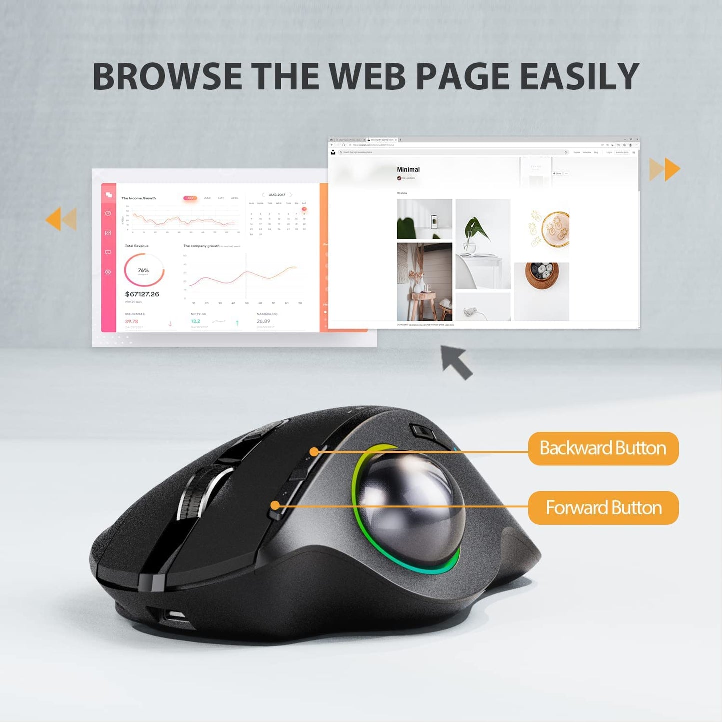 ProtoArc EM01 Bluetooth trackball mouse wireless, RGB 2.4GHz rechargeable ergonomic mouse, 5 adjustable DPI, thumb control, adjustable angle, for PC, iPad, Mac, Windows
