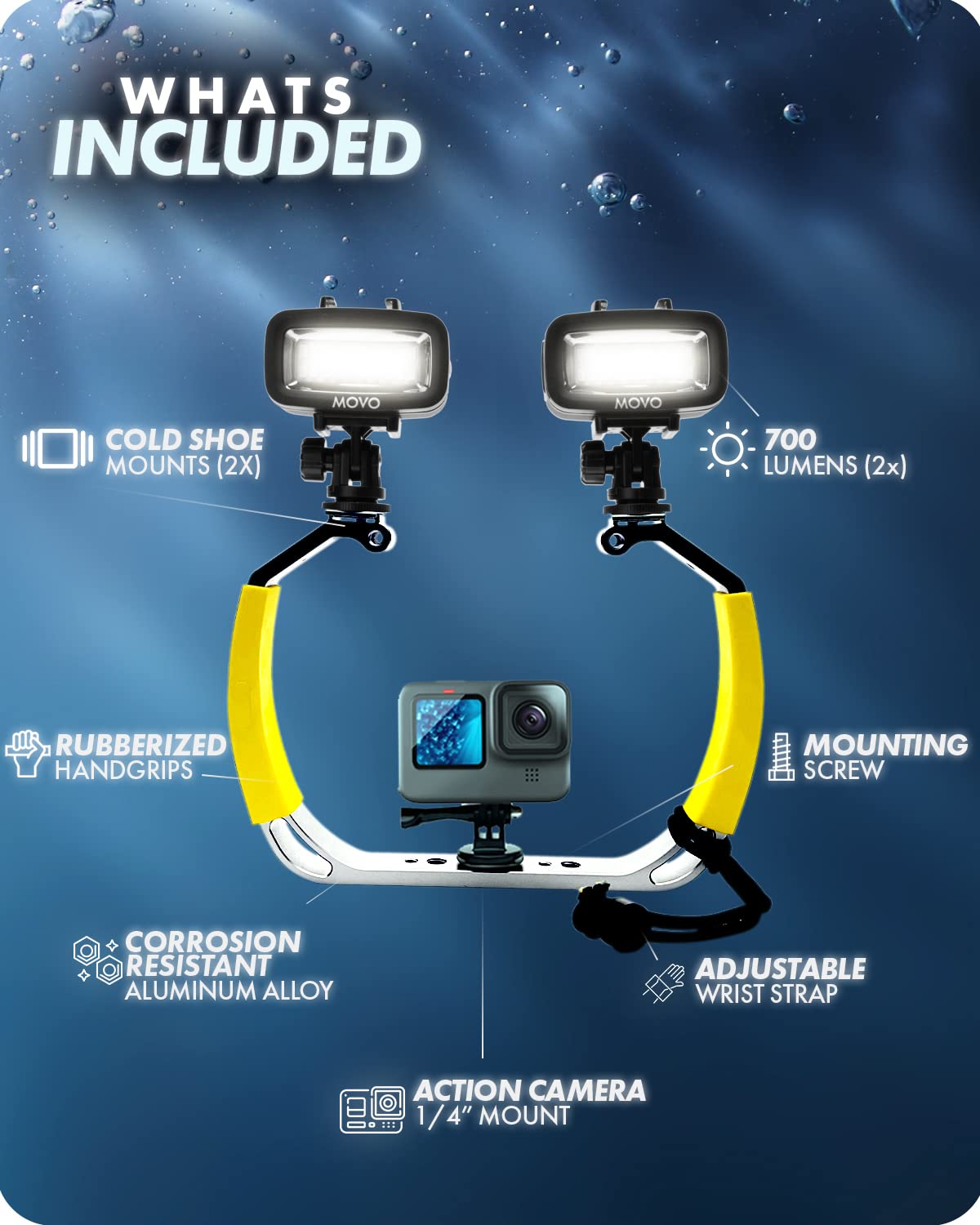 Movo DiveRig1 XL Diving Rig Bundle with Waterproof LED Lights - Compatible with GoPro Hero, HERO5, HERO6, HERO7, HERO8, HERO9, HERO10, and DJI Osmo Action Cam - Dive Gear for Underwater Camera