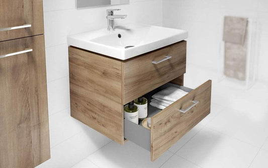 VBChome Vanity Unit with Washbasin 50 cm Walnut - Bathroom Furniture Set with 2 Soft-Close Drawers - Wall-mounted Bathroom Cabinet with Ceramic Sink - Modern Design