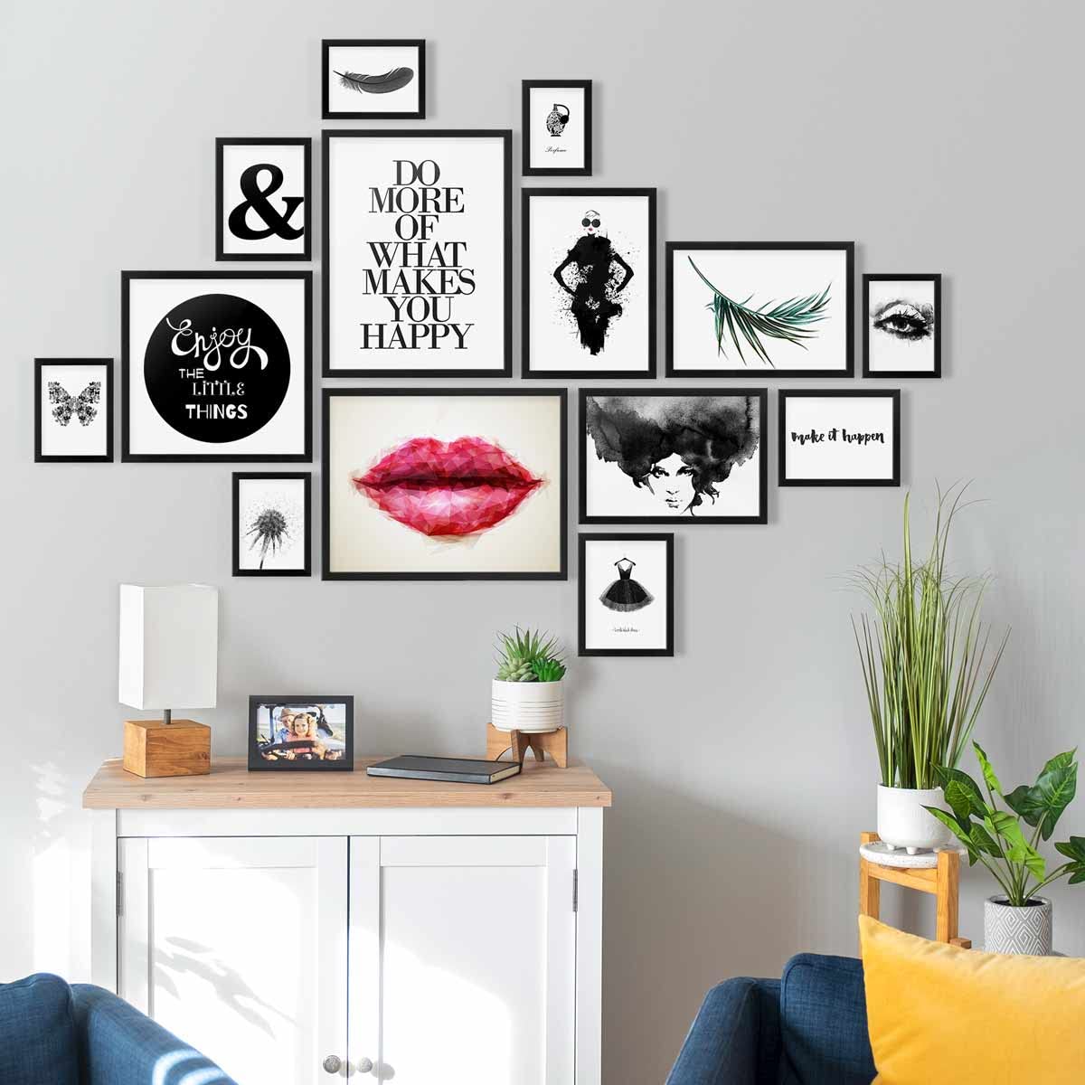PHOTOLINI black picture frame set various sizes, 14 black wood MDF picture frames with acrylic glass, hanging picture frame set with accessories for photos & posters.