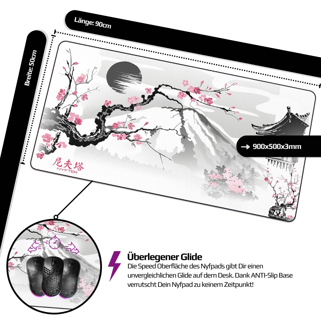 Nyfter - XXL Gaming Mouse Pad Sakura White 900 x 500mm Premium Fuji Mouse Pad Size Large stitched edges durable with high-end glide and anti-slip.
