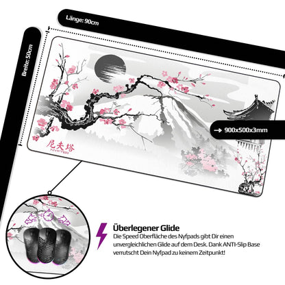 Nyfter - XXL Gaming Mouse Pad Sakura White 900 x 500mm Premium Fuji Mouse Pad Size Large stitched edges durable with high-end glide and anti-slip.
