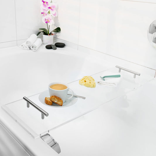 Navaris acrylic glass bathtub tray - book holder wine glass rack bathtub caddy - transparent bathtub shelf bath table - bath tub accessory.