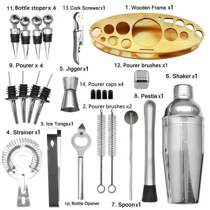 Cocktail shaker gift stainless steel 23 piece cocktail set bar accessories cocktail set 750 ML cocktail shaker with wooden stand for bartender men and women, perfect for home or bar.