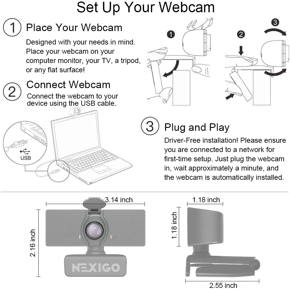 NexiGo N60 1080P Webcam, HD webcam with microphone, software control, and privacy cover. USB computer camera, 110° field of view, plug-and-play for Zoom/Skype/Teams, conference calls, and video calls.