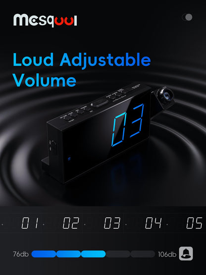 Projection alarm clock, 7-inch digital display and dimmer, dual alarms, USB port, adjustable alarm volume, snooze, 12/24 hour format, battery backup for bedroom, ceiling, wall, home, kids, seniors.