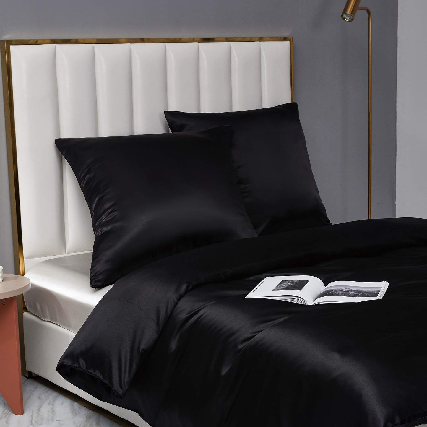 Boqingzhu Satin Bedding 220x240cm King Size Black Solid Glossy Silk Duvet Cover with Zipper and 2 Pillowcases 80x80cm