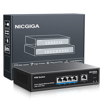 4-Port Gigabit PoE Switch Unmanaged with 4 Port IEEE802.3af/at PoE @78W, 1 x 1000Mbps Uplink, NICGIGA 5-Port Network Power Over Ethernet Switch, VLAN Mode, Desktop/Wall Mount.
