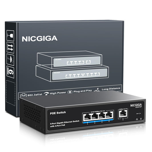 4-Port Gigabit PoE Switch Unmanaged with 4 Port IEEE802.3af/at PoE @78W, 1 x 1000Mbps Uplink, NICGIGA 5-Port Network Power Over Ethernet Switch, VLAN Mode, Desktop/Wall Mount.