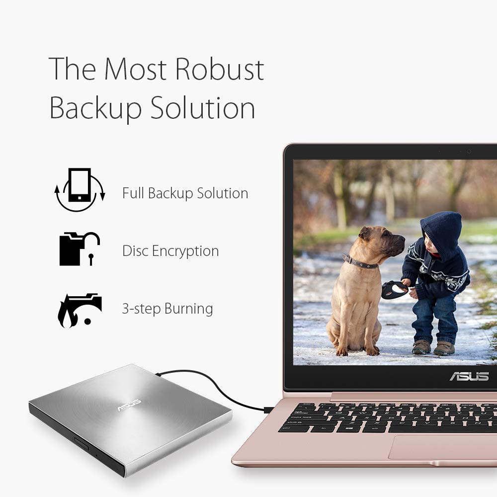 Asus ZenDrive U9M external DVD burner (for Apple MacBook & Windows PCs/Notebooks, incl. USB-C cable, burning software & Nero Backup App, M-Disc support, USB 2.0) silver