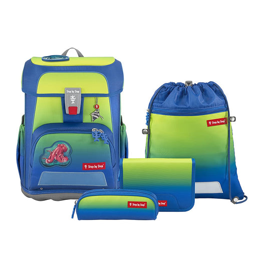 Step by Step school bag set, Cloud Ocean Red Octopus Pius, 5 pieces, yellow-blue Octopus design, ergonomic backpack with reflectors, height adjustable with hip belt, for 1st to 4th grade, 19L.