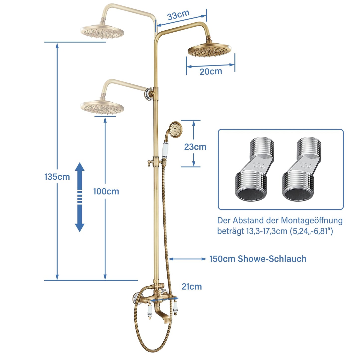Suguword Vintage Brass Shower System with Ceramic Handles Tub Spout Brass Shower Faucet Shower Set Shower System Rain Shower Set with Shower Head Handheld Shower Head Anti-Limescale Shower Set