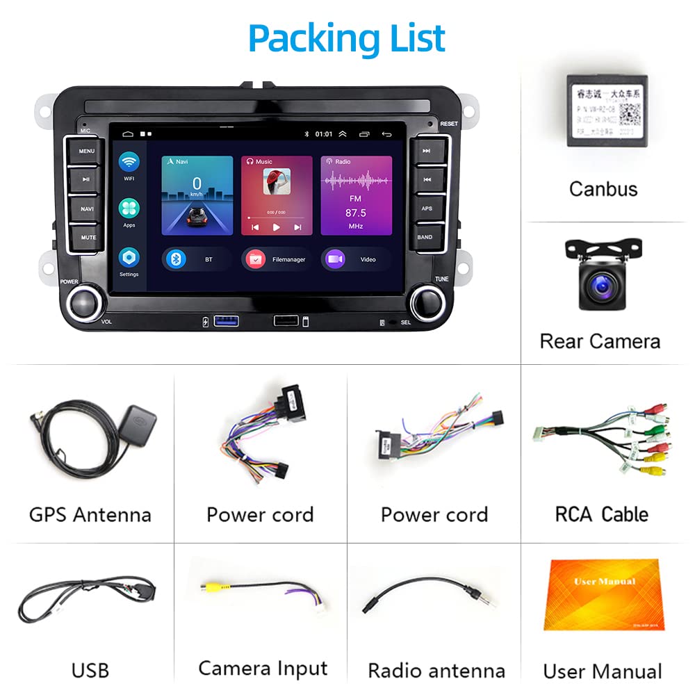 Podofo car radio for VW Golf 5 6 Polo Seat Skoda Passat B6 radio with wireless Apple CarPlay Android Auto Android 7 inch car radio with screen Bluetooth/HiFi/WLAN/GPS/RDS radio + backup camera.