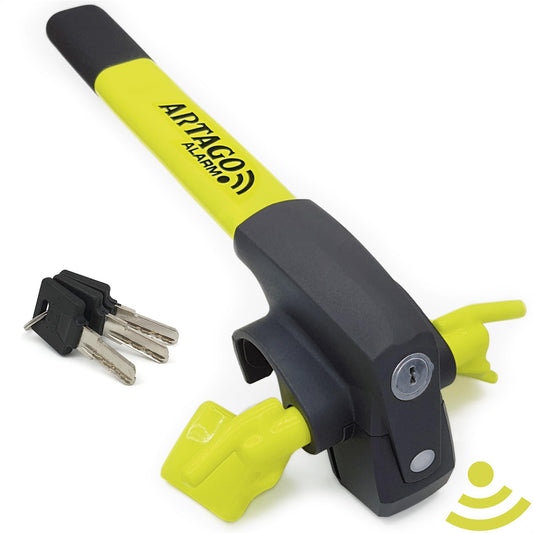 ARTAGO 870 High-quality steering wheel lock, 2in1 steering lock with/without alarm Don't Touch 120dB+LED, steering wheel lock. Secure and deterrent around the steering wheel spoke, best anti-theft protection for cars.