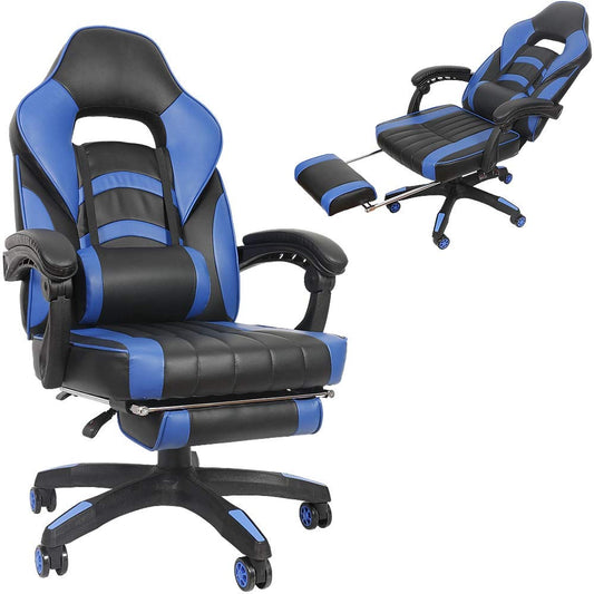 Melko Gaming Chair Ergonomic Office Chair with Footrest in Black Blue Racing Chair Office Desk Chair Executive Chair Gaming Armchair Gamer Chair Racer Swivel Chair Sports Seat