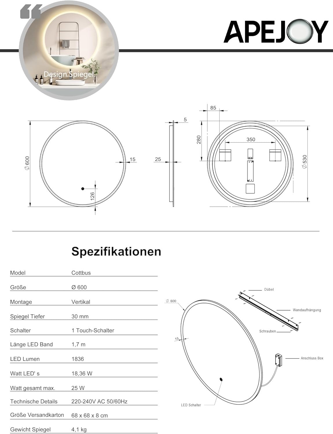 ApeJoy 80cm round bathroom mirror with LED lighting, wall mirror with touch switch light change 2700-6500K warm white-cool white-neutral memory function [Energy Class F]