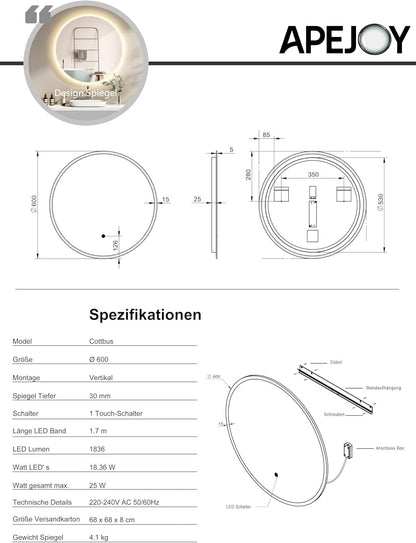ApeJoy 80cm round bathroom mirror with LED lighting, wall mirror with touch switch light change 2700-6500K warm white-cool white-neutral memory function [Energy Class F]