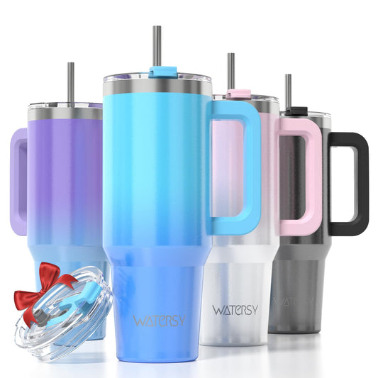 WATERSY 30oz Coffee Cup to Go, Double-Walled Stainless Steel Vacuum Insulated Leak-Proof Travel Mug with Handle and Straw, Thermo Tumbler Deux Shiny Blue