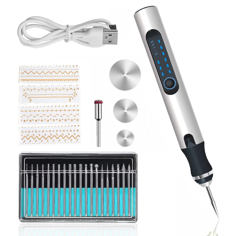 Electric Engraving Pen Engraving Tool Set Micro Engraver Etching Pen DIY Rotary Tool for Carving, Glass, Wood, Metal, Stone, Plastic, Ceramic, Jewelry (Silver)