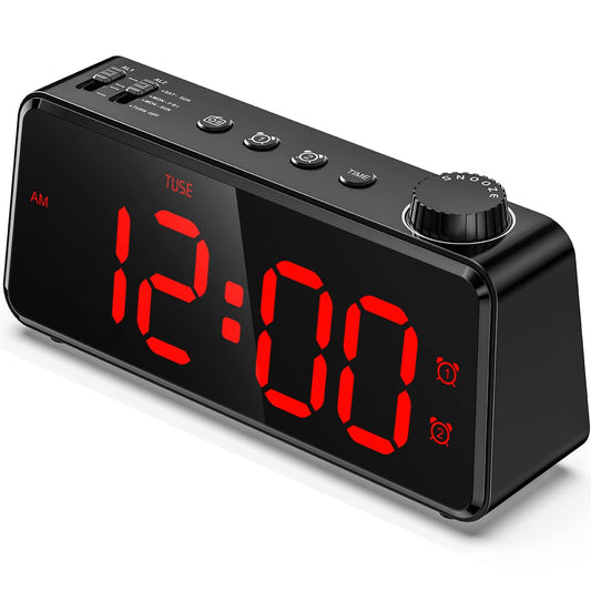 ANJANK Digital Alarm Clock with Radio | Dimmable LED Display | AC Powered with Battery Backup | Dual Alarm with Weekday or Weekend | USB Charging Port | Easy-to-read red numbers for seniors