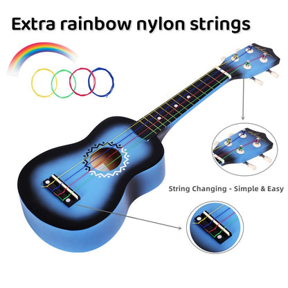ADM Soprano Ukulele Set for kids and beginners, Ukulele starter kit with bag, tuner, rainbow strings, colorful strap, pick, fretboard stickers, chord chart (Blue)
