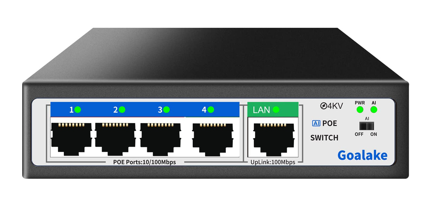 Goalake Unmanaged PoE+ Switch 5 Port (4×PoE+ 802.3af/at, 1×Uplink) – 52W total power, 100Mbps, AI Extended 250m – Ideal for IP cameras, Access Points – Desktop/Wall mount, Plug & Play.