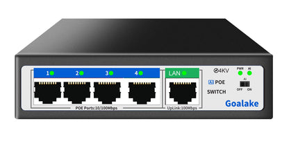 Goalake Unmanaged PoE+ Switch 5 Port (4×PoE+ 802.3af/at, 1×Uplink) – 52W total power, 100Mbps, AI Extended 250m – Ideal for IP cameras, Access Points – Desktop/Wall mount, Plug & Play.