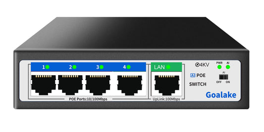 Goalake Unmanaged PoE+ Switch 5 Port (4×PoE+ 802.3af/at, 1×Uplink) – 52W total power, 100Mbps, AI Extended 250m – Ideal for IP cameras, Access Points – Desktop/Wall mount, Plug & Play.