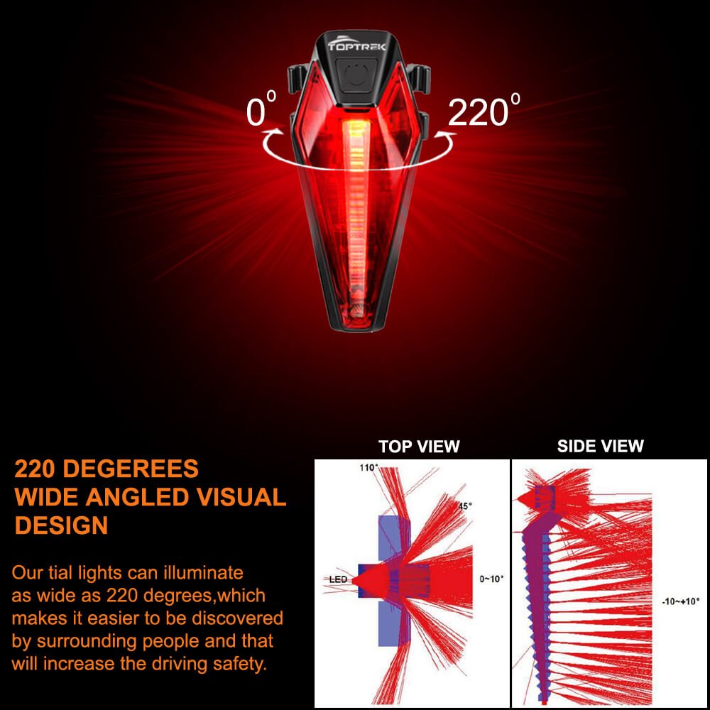 Toptrek Rear Bike Light CREE LED Bicycle Light Taillights USB Rechargeable Battery Waterproof IPX4 for Road Bike MTB (Black)