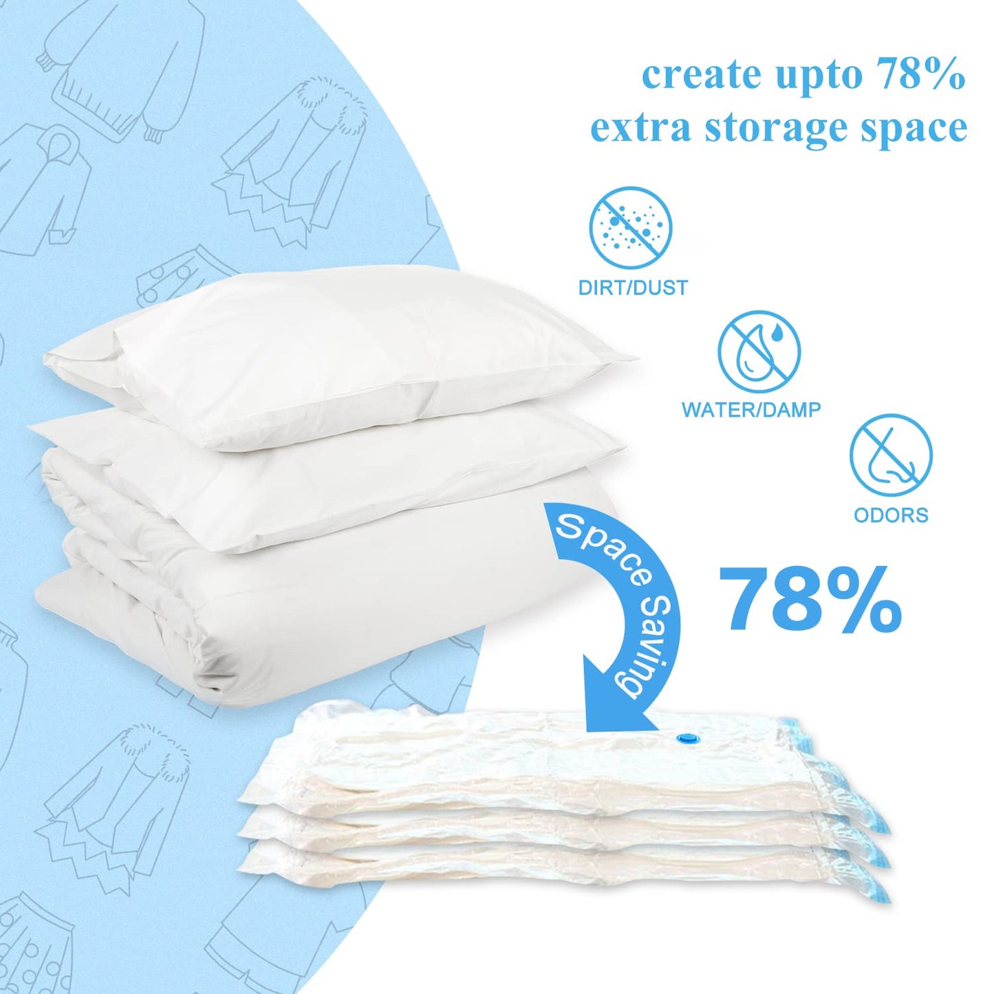 Vacuum storage bags for clothing and comforters, 20 pieces in 5 sizes (100x80, 80x60, 70x50, 60x40, and 60x40cm for travel) with a vacuum hand pump.
