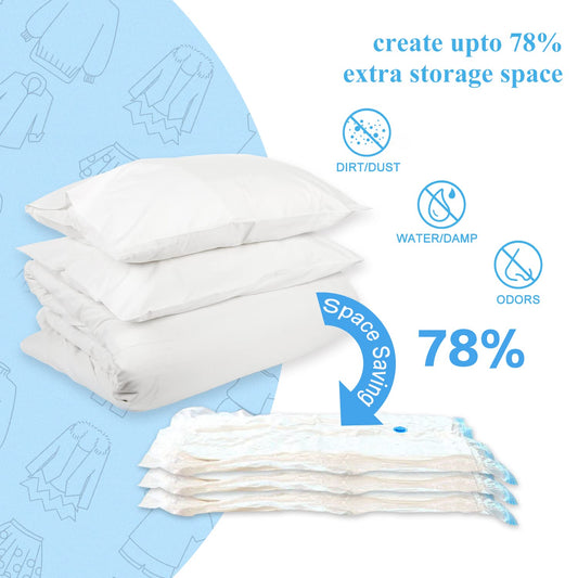 Vacuum storage bags for clothing and comforters, 20 pieces in 5 sizes (100x80, 80x60, 70x50, 60x40, and 60x40cm for travel) with a vacuum hand pump.