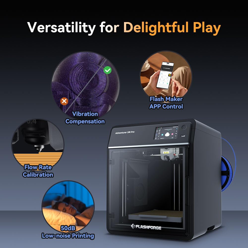 FLASHFORGE Adventurer 5M Pro 3D printer, one-click auto print up to 600mm/s high speed with 0.4/0.6mm nozzle, CoreXY structure & silent printing, APP remote control & camera monitoring.