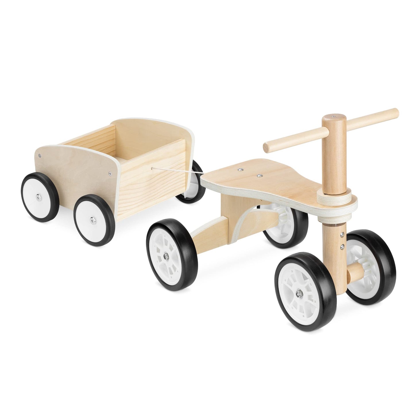 Navaris wooden push bike with trailer - balance bike for children from 18 months - wooden push bike slider - 4 wheels baby bike ride-on toy