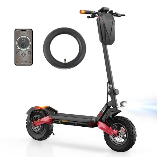 Street-legal e-scooter with 80-100 km range, 48V 15Ah battery, 10-inch off-road pneumatic tires, ABE electric scooter with dual suspension, foldable design, off-road capable for up to 150 KG, LED lights, app connectivity.