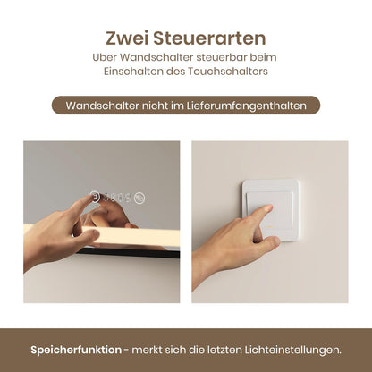 EMKE bathroom mirror with lighting 70x50cm, black mirror with touch control, dimmable, anti-fog, clock, memory function and neutral light 4300K, energy-saving wall mirror IP44