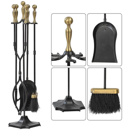 AMAGABELI 26.5" 5-piece Fireplace Tool Set with Wrought Iron and Inner Decoration Fireplace Accessories Firewood Stand Tongs Shovel Brush Poker Gold.