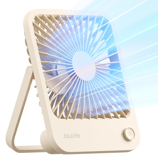 JISULIFE Table Fan Quiet, Mini Fan Battery Rechargeable, 180° Foldable Portable Fan Small, 4 Speeds Adjustable For Home Office Travel- Brown